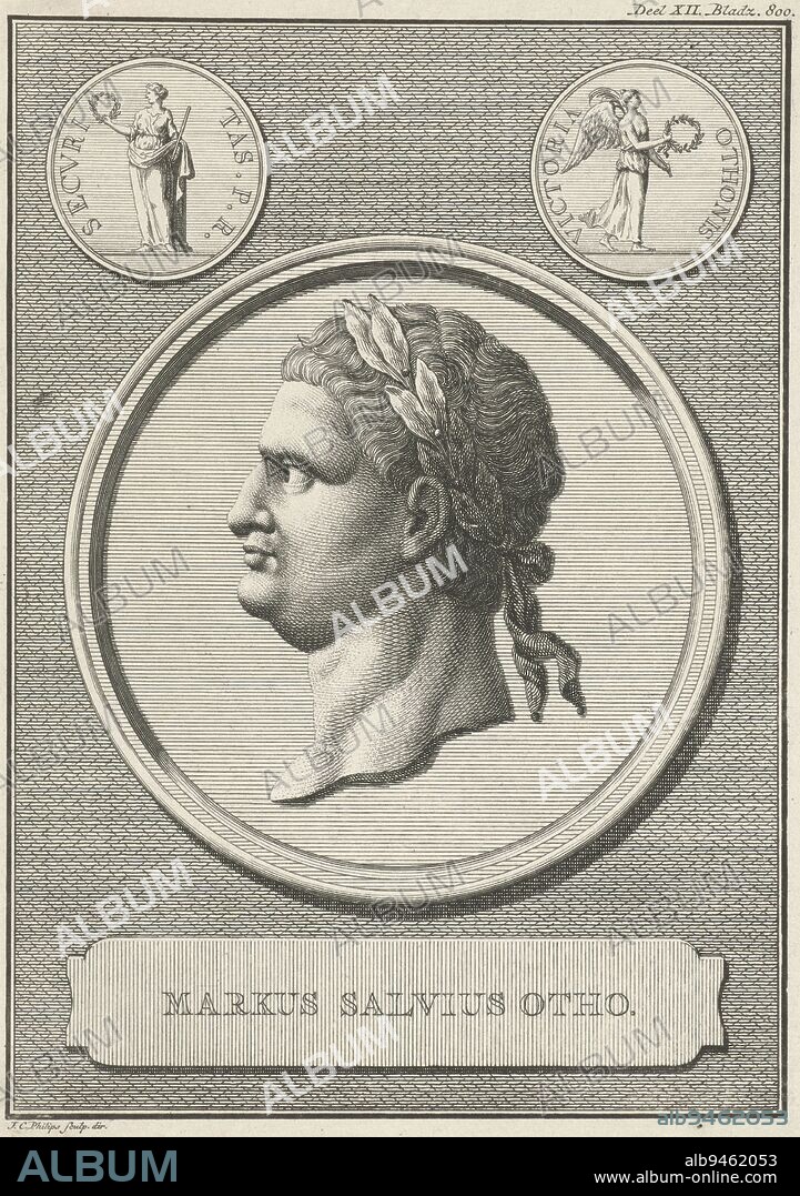 Medal with the portrait of Otho Marcus Salvius Otho, Roman emperor In the upper corners Roman coins, Portrait of Emperor Otho, print maker: Jan Caspar Philips, (mentioned on object), Jan Caspar Philips, (mentioned on object), Amsterdam, 1746, paper, engraving, h 184 mm × w 132 mm.