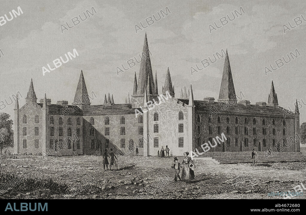 United States, Ohio, Gambier. Old Kenyon at Kenyon College. It was founded by Bishop Philander Chase in 1824. Old Kenyon, the oldest building on campus (1827-1836), designed by Reverend Norman Nash and Bishop Chase. Considered as the earliest example of Collegiate Gothic in the United States. Campus of Kenyon. Engraving by Traversier. Panorama Universal. History of the United States of America, from 1st edition of Jean B.G. Roux de Rochelle's Etats-Unis d'AmŽrique in 1837. Spanish edition, printed in Barcelona, 1850.