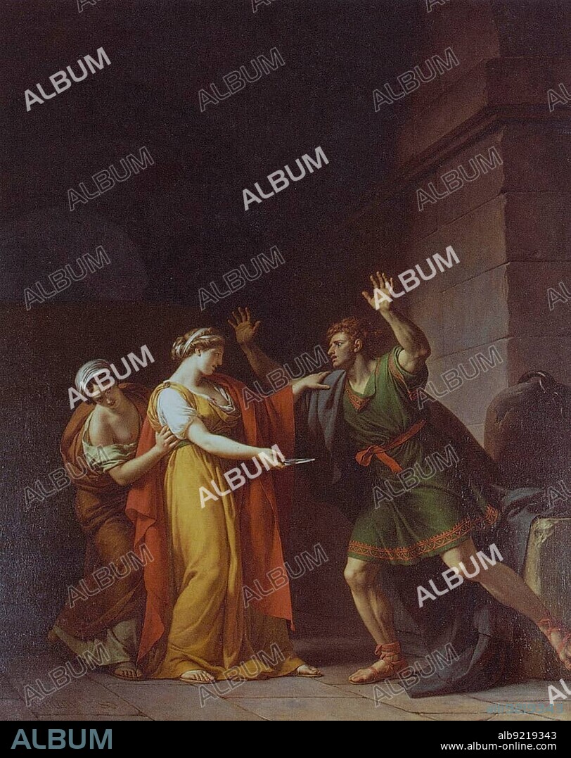Arria and Paetus, Aulus Caecina Paetus was a Roman politician and senator, In 42 Caecina Paetus took part in the conspiracy of Scribonianus against Emperor Claudius and was sentenced to death for it. His woman Arria wanted to encourage him by plunging a dagger into his own chest, Painting by Francois Vincent, Historical, digitally restored reproduction of a 19th century original, exact date unknown