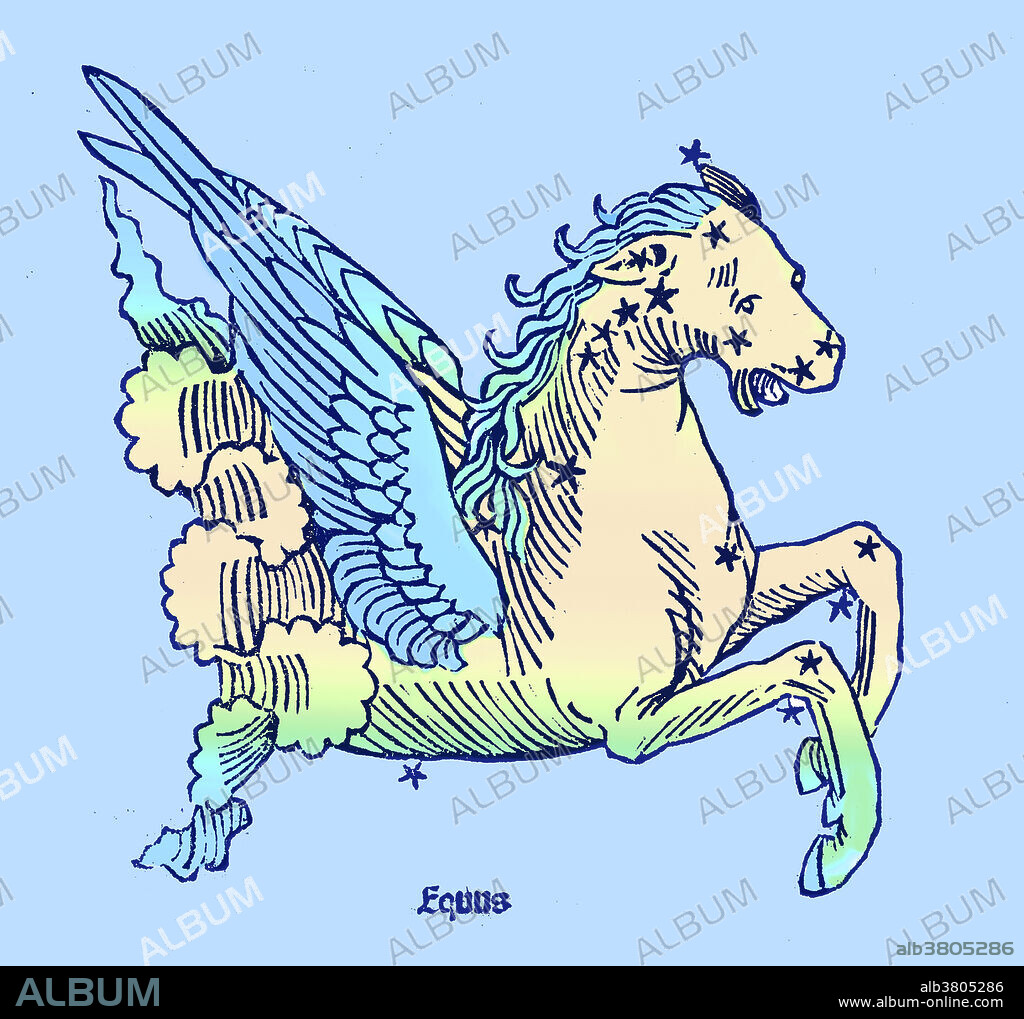 Colorization of Equuleus, a constellation who's name is Latin for little horse, a foal. It was one of the 48 constellations listed by the 2nd century astronomer Ptolemy, and it remains among the 88 modern constellations defined by the International Astronomical Union. It is the second smallest of the modern constellations (after Crux), spanning only 72 square degrees. It is also very faint, having no stars brighter than the fourth magnitude.
