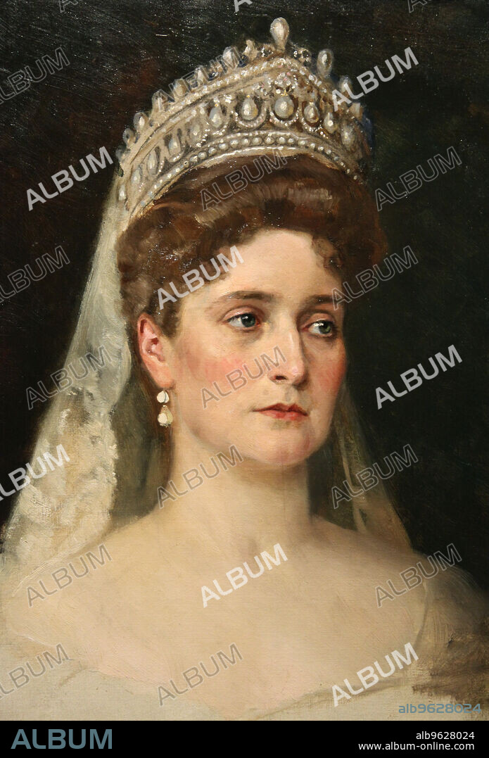NIKOLAI BODAREVSKY. 'Portrait of the Empress Alexandra Feodorovna', 1907. Detail. A granddaughter of Queen Victoria, Princess Alix of Hesse (1872-1918) married Tsar Nicholas II in November 1894. She, her husband and their children were murdered by Bolsheviks at Yekaterinburg in 1918. Found in the collection of The Hermitage, St Petersburg.