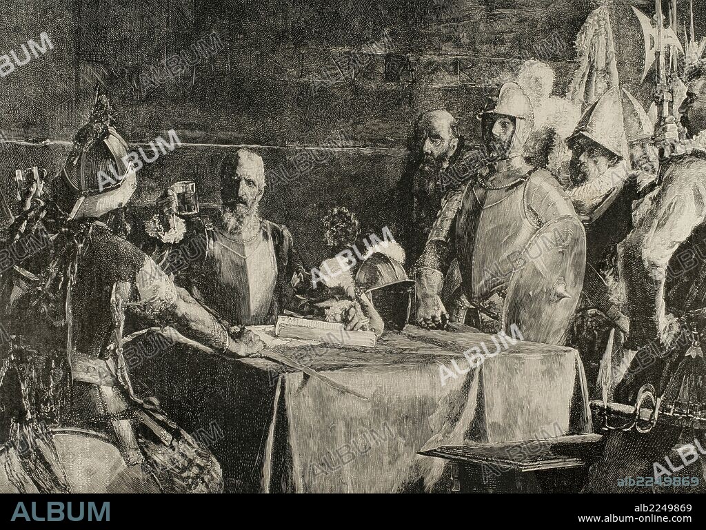 Miguel Lopez de Legazpi (1503-1572). Spanish admiral and governor. The Blood Compact's ceremony between Legazpi and Sikatuna, king of Philippines. Engraving.