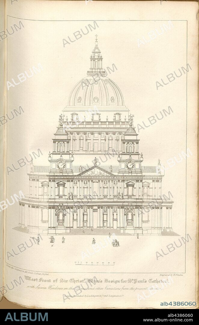 West Front of Sir Christopher Wren's Design for St. Paul's Cathedral, with Lucern windows in the Dome and other Variations from the present structure, Sir Christopher Wens first draft for St. Paul's Cathedral in London, signed: From the original at All-Souls College, Oxford; Engraved by W. Find; Published by Lackinton & Co. and Longman & Co., Pl. XLVII, at p. 130, Finden, W. (engraving); Lackington & Co (publ.); Longman & Co. (publ.), William Dugdale, Henry Ellis: The history of Saint Paul's Cathedral in London, from its foundation: extracted out of original charters, records, leiger-books, and other manuscripts. London: printed for Lackington, Hughes, Harding, Mavor, and Jones; and Longman, Hurst, Rees, Orme, and Brown, 1818.