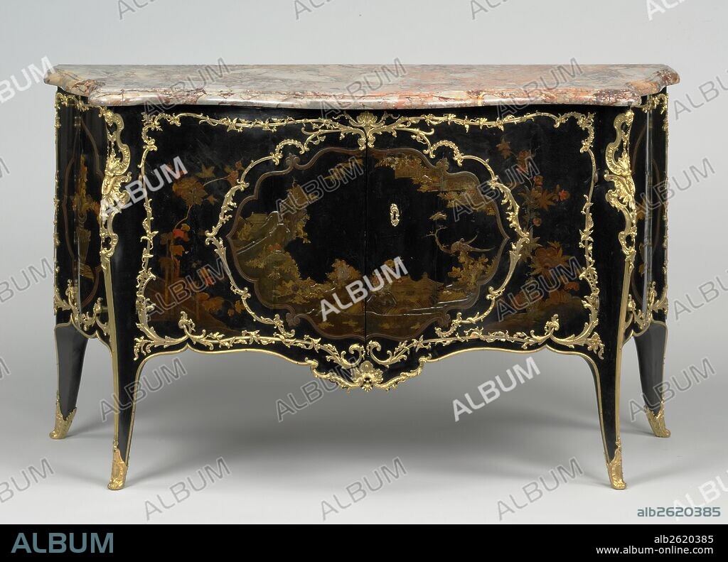 Commode; Bernard II van Risenburgh, French, after 1696 - about 1766, master before 1730; Paris, France, Europe; about 1737; Oak set with panels of black Japanese lacquer and painted with vernis Martin; veneered with cherry and amaranth on interior of the doors; gilt-bronze mounts; sarrancolin marble top; eighteenth-century silk fabric lining and silver metal galon; Object: H: 88.3 cm x W: 151.9 cm x D: 57.8 cm (H: 2 ft. 10 3/4 in. x W: 4 ft. 11 3/4 in. x D: 1 ft. 10 3/4 in.).