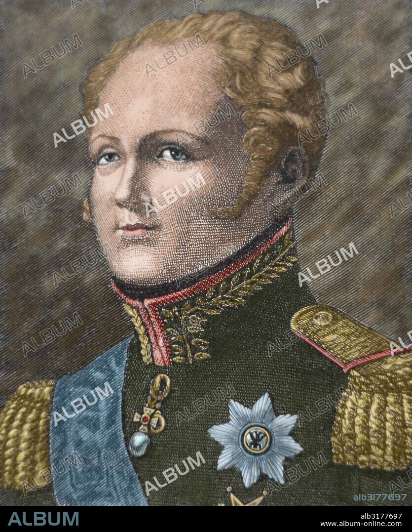 ALEJANDRO I DE RUSIA (San Petersburgo, 1777-Taganrog,1825). Zar de Rusia (1801-1825), hijo de Pablo I. Coligado contra Francia (1805), fue derrotado. Reconciliado con Napoleón (1808) ocupó Finlandia y, vuelto de nuevo contra él, organizó la coalición (1813) que le derrotó. En 1815 fundó la Santa Alianza con Austria y Prusia. Grabado coloreado.