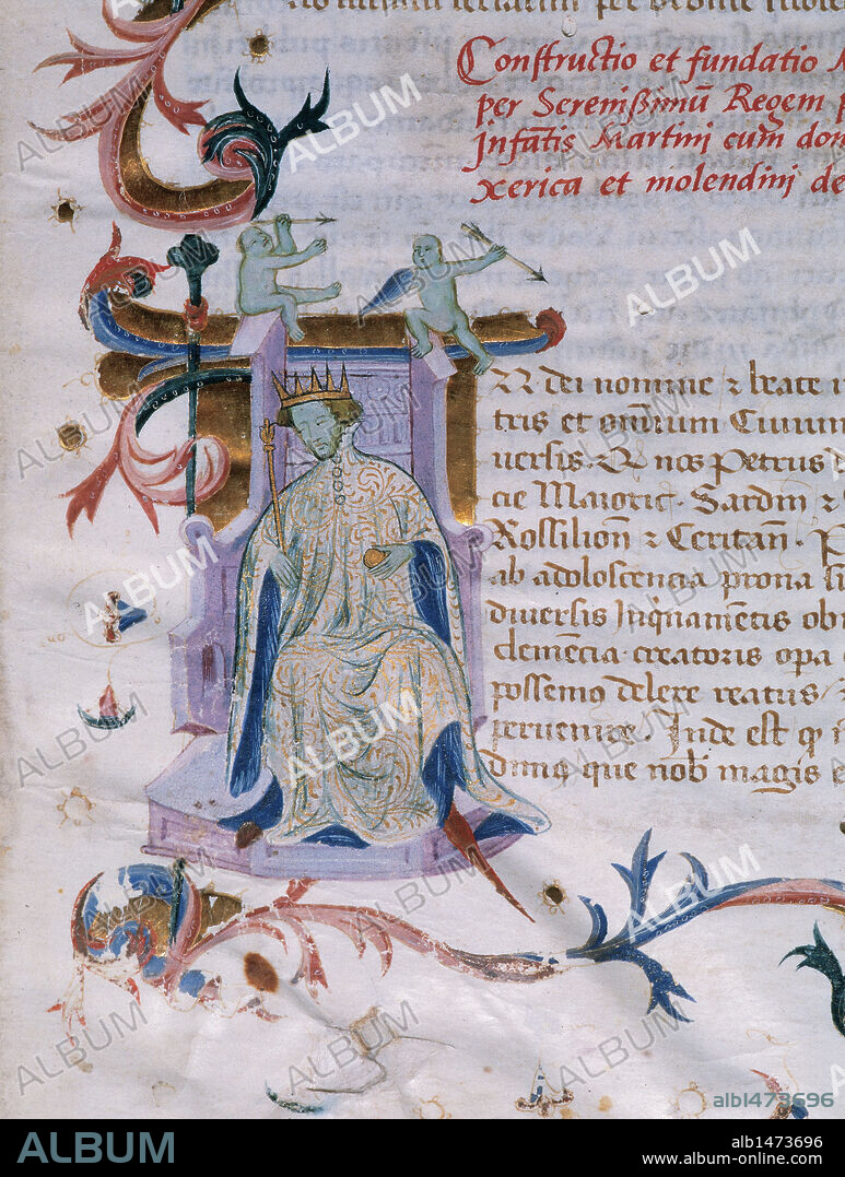 PEDRO IV de Aragón y III de Cataluña, llamado "EL CEREMONIOSO" (Balaguer,1319-Barcelona,1387). Rey de la Corona de Aragón (1336-1387), hijo de Alfonso el Benigno y Teresa de Entença. Miniatura del Folio I, con la representación de Pedro el Ceremonioso en letra capitular, del "Libro de Privilegios de la Cartuja de la Vall de Christ" (s. XIV). Procede de Segorbe (Castellón). Biblioteca de Catalunya. Barcelona.