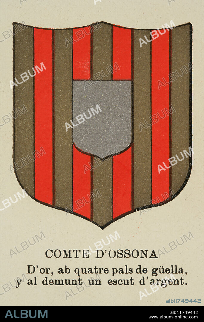 Condados catalanes. Condado de Osona (798-993). Escudo de armas del conde de Osona. "Història de Catalunya", de Antoni Aulèstia i Pijoan (1894-1918), anotada y continuada por Ernest Moliné i Brasés (1868-1940). Publicada en Barcelona, Centre Editorial Artístic de Miquel Seguí, 1922. Tomo I.
