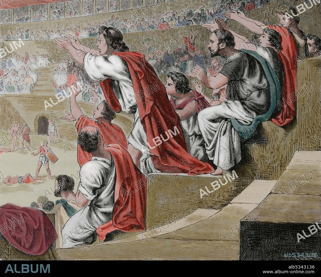 Imperio Romano. Juegos y fiestas romanas. Espectadores durante una lucha de gladiadores. Grabado. Coloreado. La Civilización, tomo II, 1881.