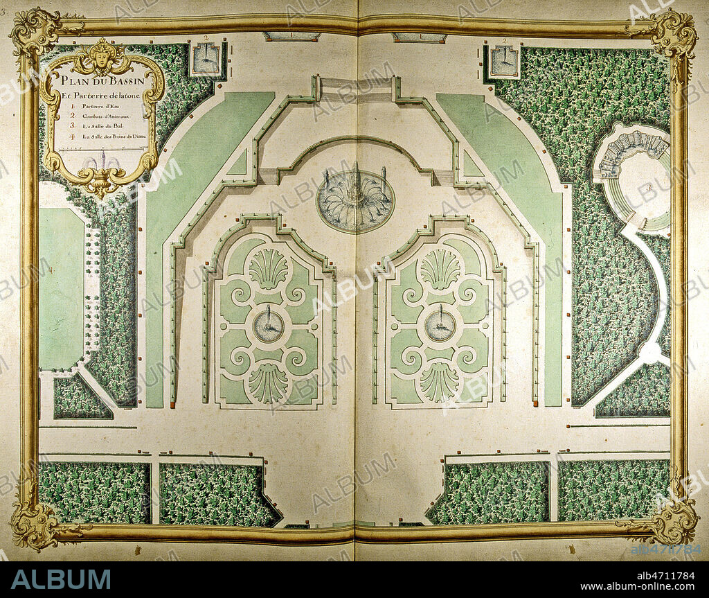 Bassin et parterre de Latone. Plan tire de l'ouvrage de Jacques DUBOIS 'Recueil des plans des distributions du chateau et jardins de Versailles', datant de 1732. Ouvrage conserve a la bibliotheque municipale de Versailles. Ms F 462. Credit : Collection JEAN VIGNE / KHARBINE-TAPABOR.