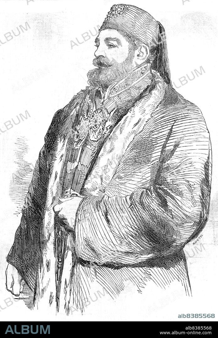 His Highness Said Pacha, the New Viceroy of Egypt - from an original sketch, 1854. 'His Highness visited this country...about two years ago, and it will be remembered was graciously received by her Majesty the Queen...while in this country he carefully inspected our dockyards and other important public and private works with an intelligent and inquiring interest...His Highness is well versed in astronomy and naval science generally, and takes a great interest in all the mechanical inventions which distinguish the present age, and this country in particular...We feel confident that Egypt, under the administration of his Highness Said Pacha, will attain that prosperity which its natural position and resources so clearly indicate for it, and which historic records show that it has more than once so largely and prominently enjoyed'. From "Illustrated London News", 1854.