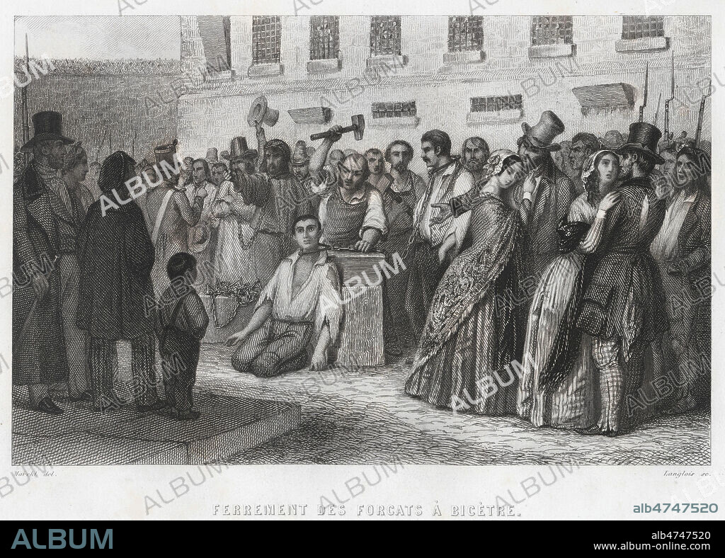Ferrement des forcats a la prison de Bicetre, zone de transit pour le bagne entre 1793 et 1836. Illustration de 1845 par M. MARCKL pour Les prisons de l'Europe par Jules ALBOISE et Auguste MAQUET (1813-1888). Credit : Coll. Jonas/KHARBINE-TAPABOR.
