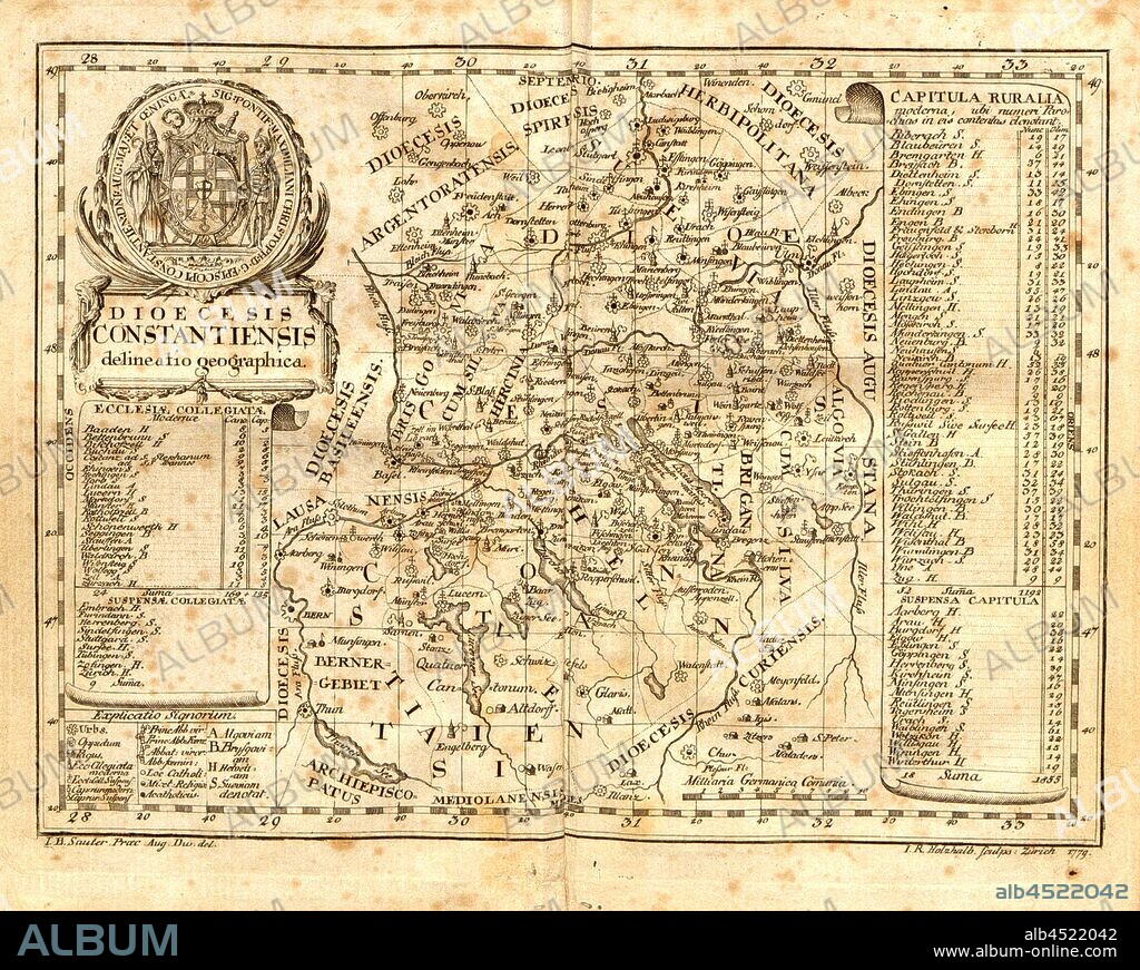 The diocese of Constance map search, Bishopric of Constance, signed: I. B. Sauter del, I. R. Holzhalb sculps, frontispiece, Sauter, J. B. (del.); Holzhalb, Johann Rudolf (sc.), Catalogus personarum ecclesiasticarum, et locorum dioecesis Constantiensis [...]: citra cuiuscunque praeiudicium ad annum MDCCXCIV editus. Constantiae: typis Martini Wagner, 1794.
