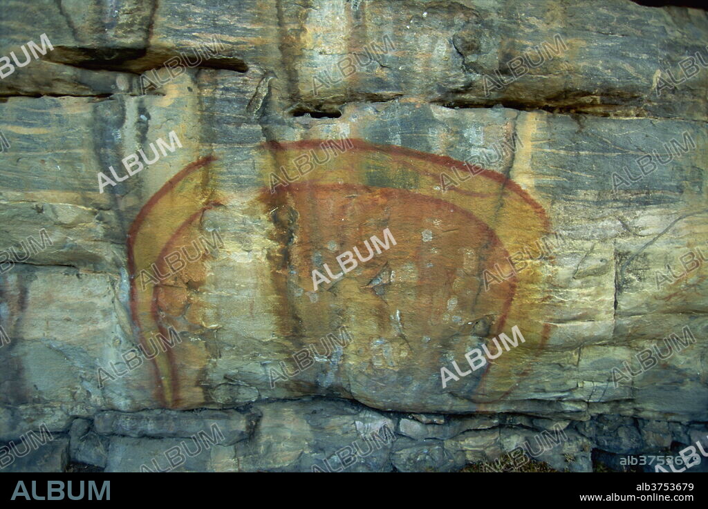 Rainbow Serpent at the Aboriginal rock art site at Ubirr Rock, Kakadu National Park, where paintings date from 20000 years old to present day, UNESCO World Heritage Site, Northern Territory, Australia, Pacific.