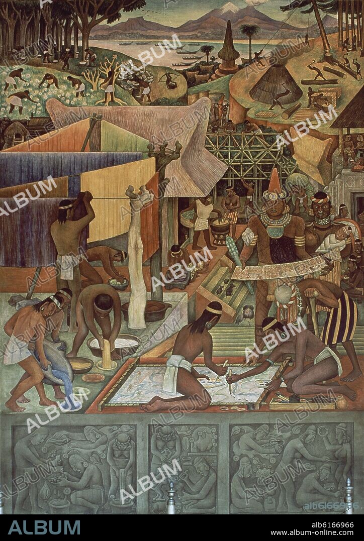 DIEGO RIVERA. TABLERO - MERCADO DE TLATELOLCO - TINTOREROS -PINTORES - CIVILIZACION TARASCA - SIGLO XX.