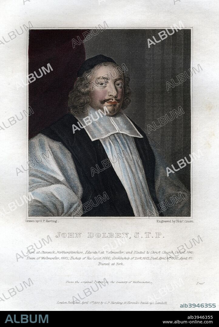 John Dolben, Archbishop of York, (1822). Dolben (1625-1686) took Holy orders after fighting on the Royalist side at the Battle of Marston Moor in 1644, maintaining the proscribed Anglican service. After the Restoration he was appointed canon of Christ Church. In 1683 he was named Archbishop of York.