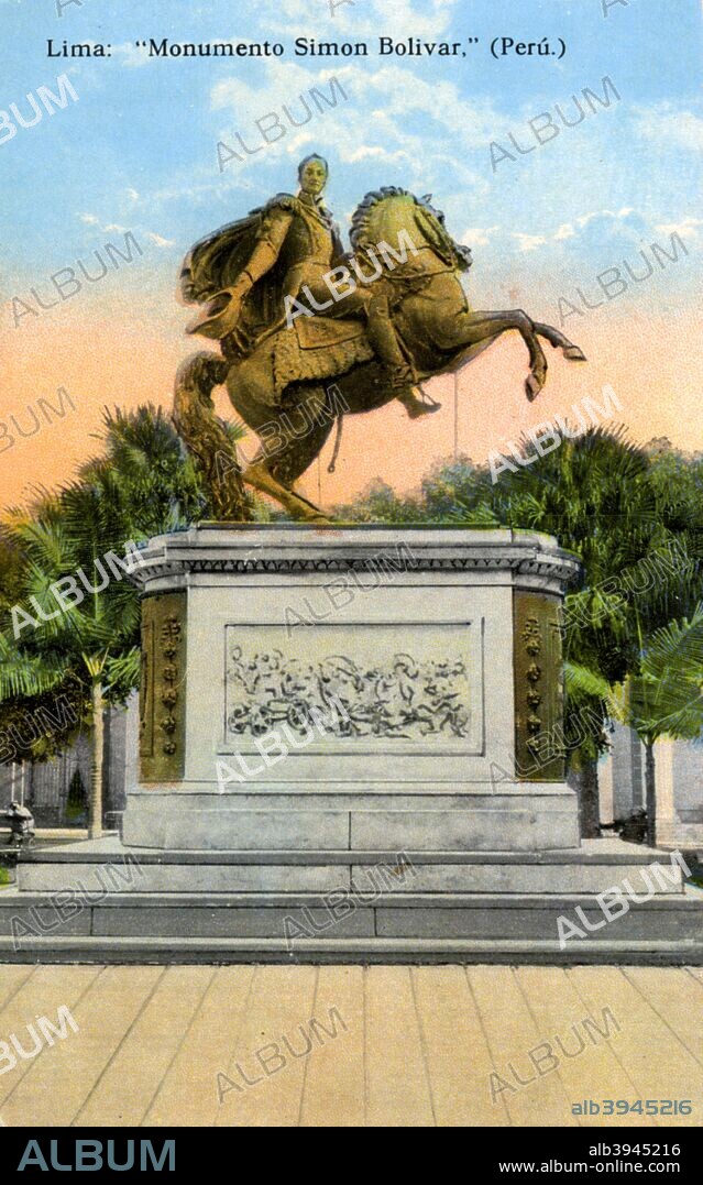 Simon Bolivar monument, Lima, Peru, early 20th century. Bolivar (1783-1830) is known as the 'Liberator' of South America from Spanish rule. The son of a Venezuelan aristocrat he led a series of revolutions in Spanish-ruled South America, leading to the creation of the independent states of Colombia (1819), Venezuela (1821), Ecuador (1822), Peru (1824) and Bolivia (1825). He served as President of Colombia (1821-1830) and Peru (1823-1829). Bolivar envisaged the establishment of a league of Hispanic South American nations, but the countries he had liberated began to quarrel amongst themselves. Disillusioned, Bolivar left for Europe, but died on the journey.