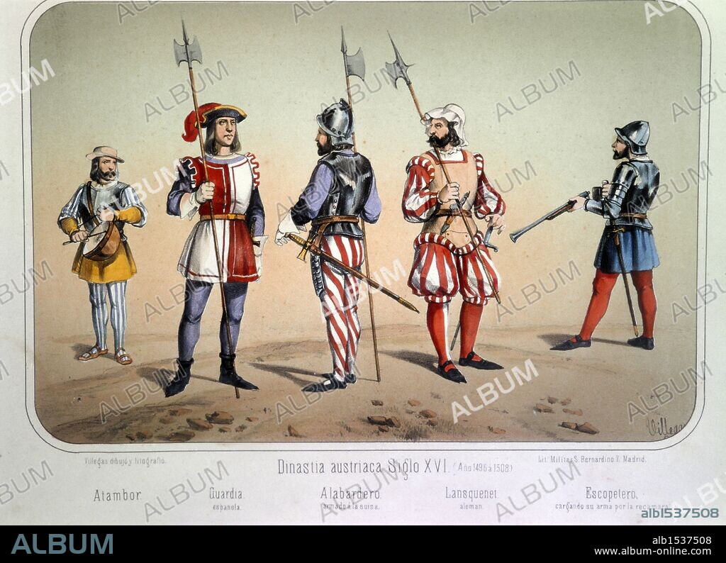 Reinado de Carlos V (1517 a 1556). Atambor, Guardia, Alabardero, Lansquenet y Escopetero en los años 1496 a 1508. Dibujo de Villegas. Lámina número 27 del ALBUM DE LA INFANTERIA ESPAÑOLA del Teniente General Conde de Clonard. Litografía Militar, Madrid, año 1861.