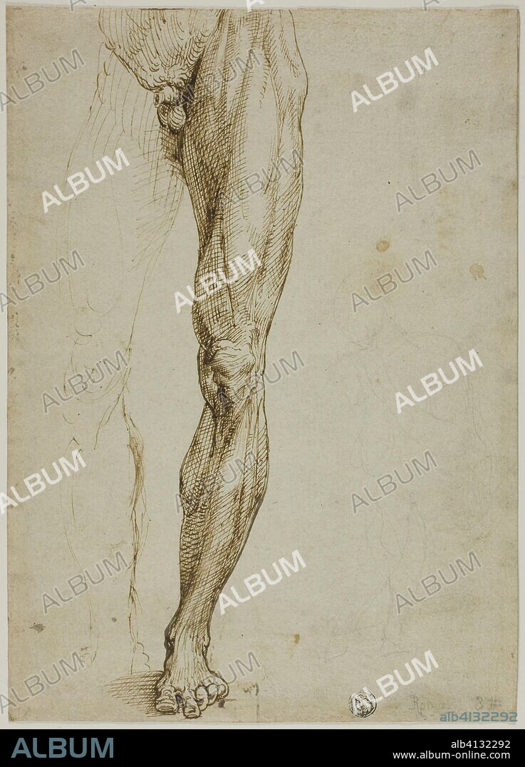 Male Figure Study, with Slight Sketch of Seated Figure. Follower of Michelangelo Buonarroti; Italian, 1475-1564. Date: 1540-1550. Dimensions: 269 x 191 mm (max.). Pen and brown ink, with traces of black chalk, on ivory laid paper. Origin: Italy.