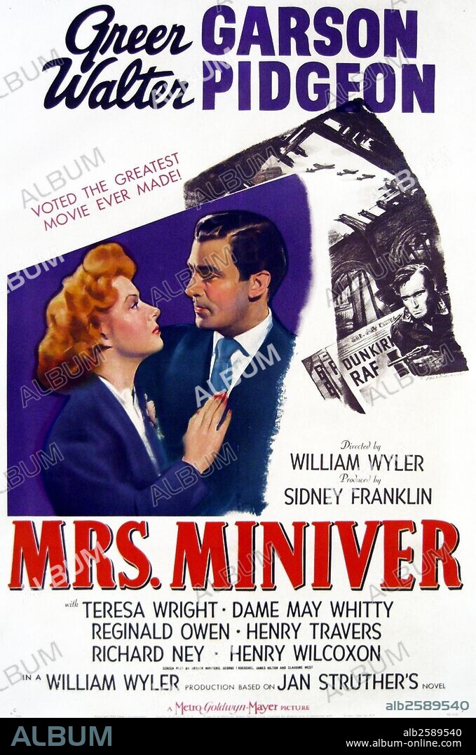 Mrs Miniver is a 1942 American dramatic film directed by William Wyler, and starring Greer Garson and Walter Pidgeon. Based on the 1940 novel Mrs. Miniver by Jan Struther, the film shows how the life of an unassuming British housewife in rural England is touched by World War II. .