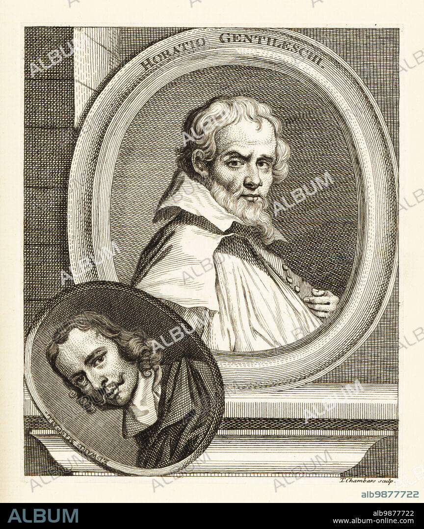 Oval portraits of Horatio Gentileschi, Italian painter, 1563-1639, and Edward Mascall, English portrait artist active during the English Civil War, 1650s., Copperplate engraving by Thomas Chambars after a portrait by Anthony van Dyke (Gentileschi) and after a portrait by James Gammon (Mascall) from Horace Walpoles Anecdotes of Painting in England, London, 1808.
