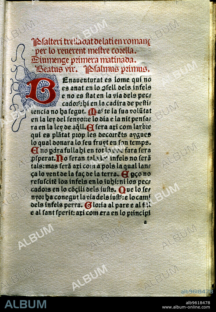 Page of the work 'Psalteri' by Joan Rois de Corella, printed in Venice in 1490 by Johan Hertezog, translated from Latin to Romance by Rois de Corella.