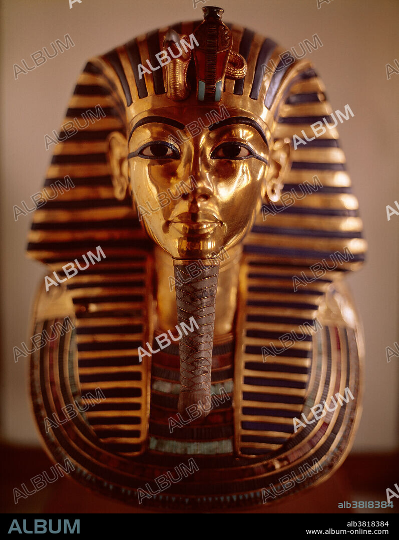 The gold death mask of the Ancient Egyptian king Tutankhamun (1341 BCE to 1323 BCE), Egyptian Museum, Cairo, Egypt.