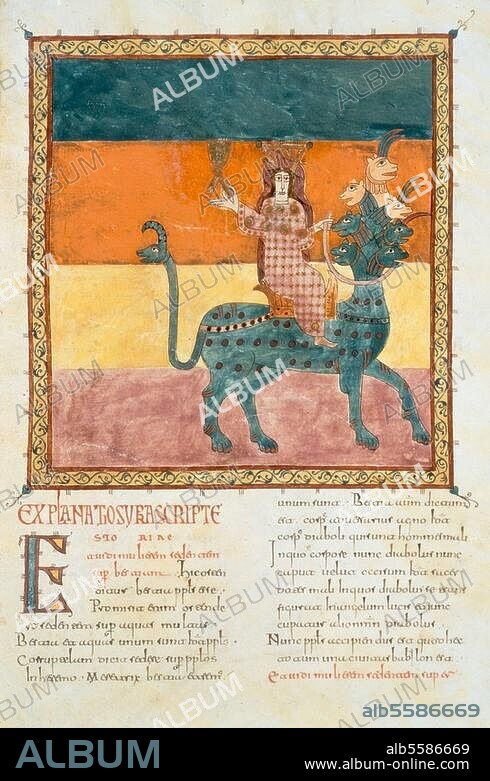EMERETRIUS (ILLUMINATOR) und ENDE (ILLUMINATORIN). Buchmalerei, mozarabisch, Kloster S.Salvador de Tábara, Emeretrius (Mönch) und Ende (Nonne), 975. - Die babylonische Hure auf dem siebenköpfingen Drachen (Off. 17,3). Aus dem Beatus von Gerona (Beato de Liébana, In apocalypsin commentarius - Apokalypsenkommentar, 786). Auf Pergament, 400 × 260 mm. Ms. 7 (11), fol. 209 r, Gerona, Museo Capitular de la Catedral.