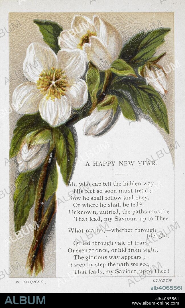 ANON and W. DICKES. New Year greetings card with floral decoration and poem . Gift Cards for the New Year. [Illuminated.]. London : Society for promoting Christian Knowledge, [1874]. A Happy New Year: Ah, who can tell the hidden way, His feet so soon must tread; How he shall follow and obey, Or where he shall be led? Unknown, untried, the paths must be That lead my Saviour, up to Thee, What matter, - whether through delight, Or led through vale of tears, Or seen at once, or hid from sight, The glorious way appears; If step by step the path we see, That leads, my Saviour, up to Thee!. Source: 4409.de.23. plate 4.