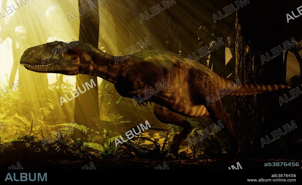 An Abelisaurus moves stealthily though the forest. Abelisaurus was a theropod dinosaur from the Late Cretaceous Period of what is now South America.