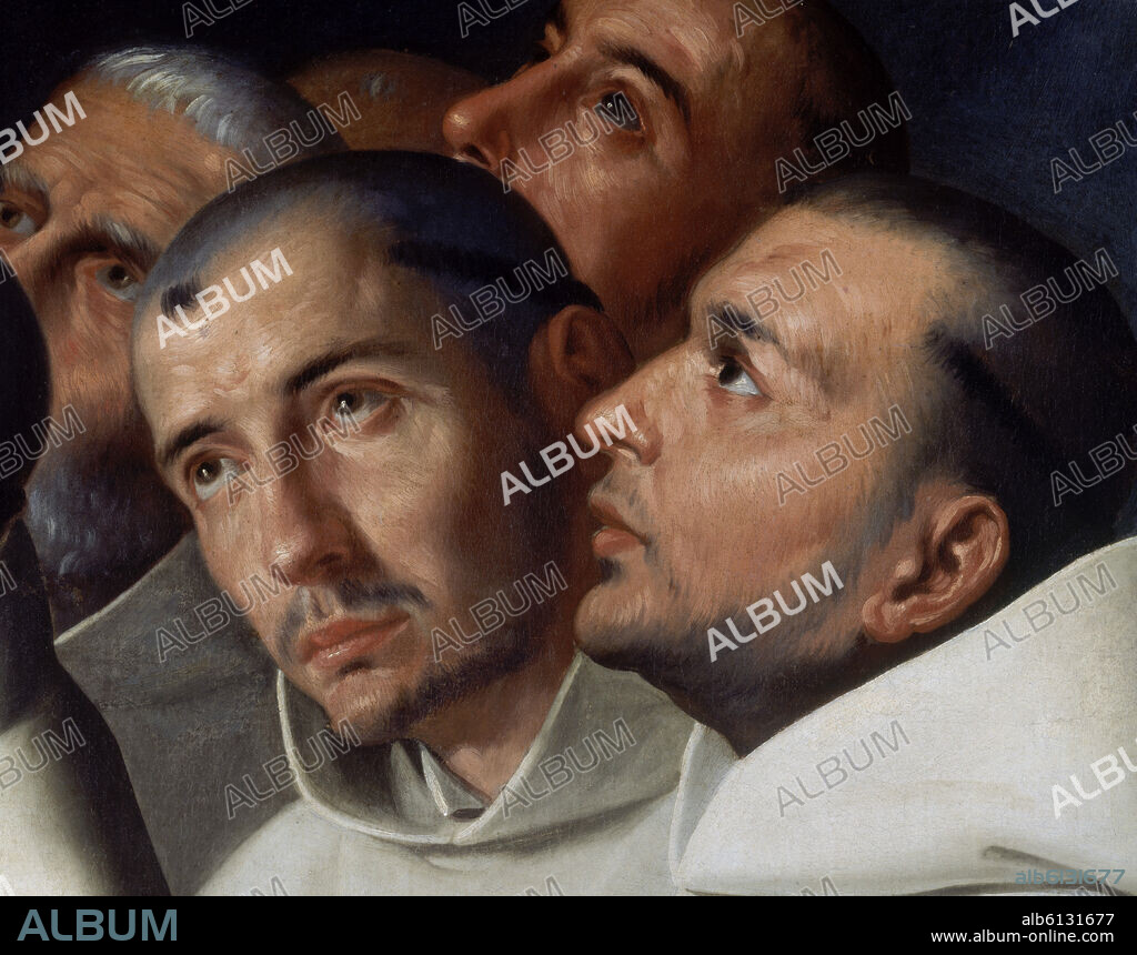 FRANCISCO DE ZURBARAN. 'Virgin of Mercy with Carthusians' (detail), 1630-1635, Oil on canvas, Spanish Baroque.
