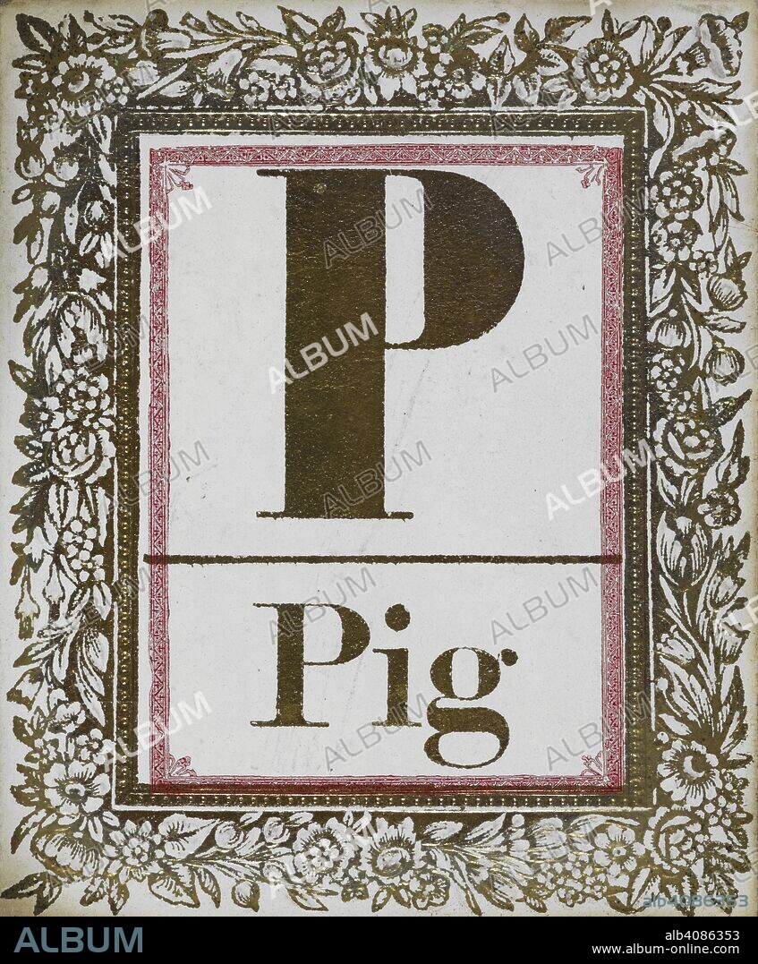 ANON. Letter P: Pig. Gold letter with decorative border. Alphabet Cards. London : T. Nelson & Sons, [1858]. Instructions accompanying cards: 'Let the letters all be piled in a confused heap, from which the child may lift them one by one. Let him keep all he can name correctly, and let the teacher take all which he names wrong, till the pile of letters is divided in two heaps, which may be counted. If the child's heap is the largest, that is, if he has named the greatest number right, he has gained the game. If the prize is a sugar-plum or any trifle, it will excite great interest; the child will soon know all the letters, and, instead of its being a lesson, the mother or nurse will find this game a welcome addition to the amusements of the nursery.'. Source: 12983.a.64.