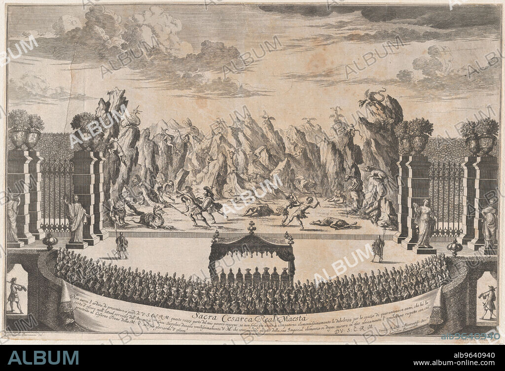 JOHANN ULRICH KRAUS. The royal family sitting under a canopy, watching dancers perform the opening ballet of 'La Costanza d'Ulisse', ca. 1700.