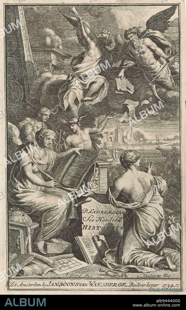 Allegorical representation with History and Father Time, Ses Hundred Historien (title on object), Title page for: Peter Laurenberg, The renewed and improved Acerra Philologica, 1734, History writes history. A woman on the right seen from the back is handing something to her. Next to the woman a rooster. Behind History are Mercury and a second figure. Above them on clouds are Fame and Father Time dropping papers down., print maker: Cornelis Huyberts, (mentioned on object), after design by: Jan Goeree, (mentioned on object), publisher: Janssonius van Waesberge (Officina), (mentioned on object), Amsterdam, 1734, paper, etching, engraving, height 149 mm × width 92 mm.