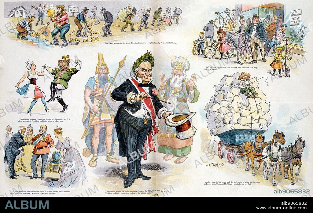 He did it all' President William McKinley (1843-1901) holding a hat labelled 'Inexhaustible Prosperity Hat' and a magic wand, behind him are 'Joshua' and 'Moses' who has beams of light emanating from his forehead; surrounding McKinley are vignettes showing the wonderful tricks he has managed to conjure since taking office, these include friendly relations between the 'Prince of Wales' and 'rich Americans', the 'Klondike boom' gold rush in the Klondike River Valley, Yukon, an 'alliance between France and Russia', the decrease in the cost of bicycles bringing them into the price range of mostly everyone, and a good year for farm produce and high wheat prices which are a boom to the farmer.