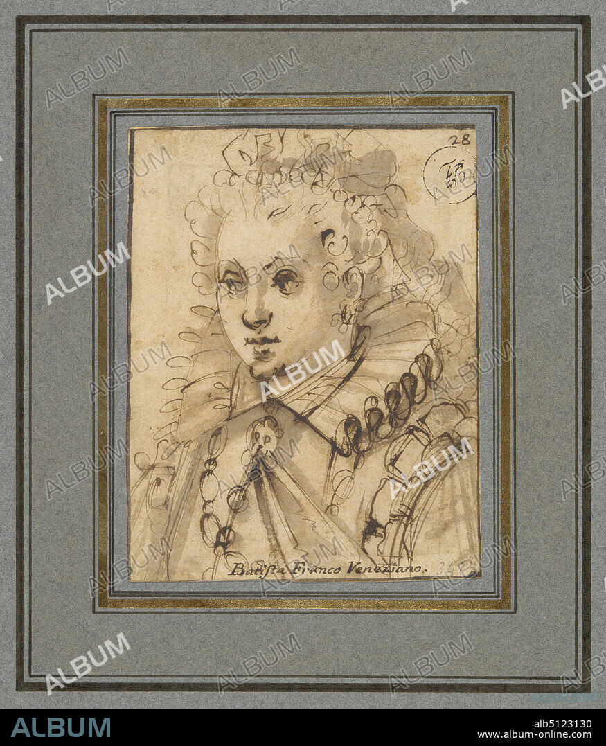 Artist: Palma Giovane (Jacopo Negretti), Italian, ca. 15481628, Artist, formerly attributed to: Giacomo Franco, Italian, 15501620, Portrait of a Lady, Pen and brown ink, brown wash, 11.4 × 8.9 cm (4 1/2 × 3 1/2 in.), Made in Italy, Italian, 17th century, Works on Paper - Drawings and Watercolors.