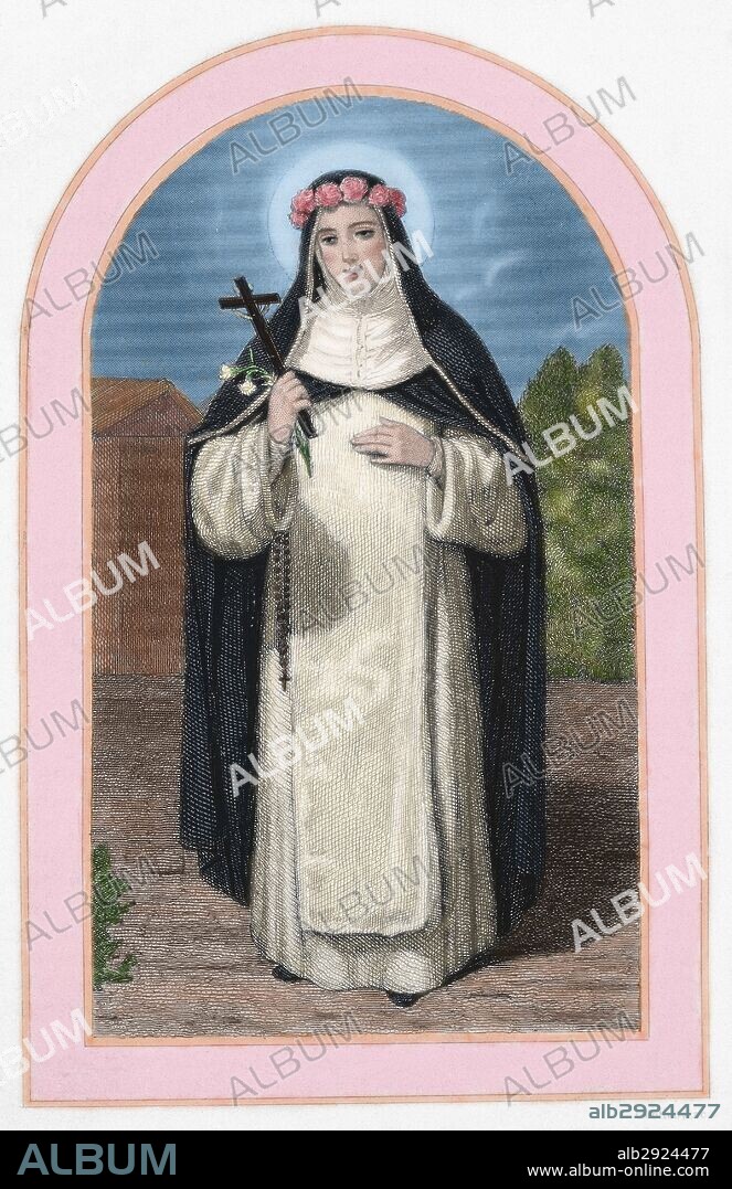 Saint Rose of Lime (1586-1617). Mystic tertiary Dominic. Colored engraving. 19th century.