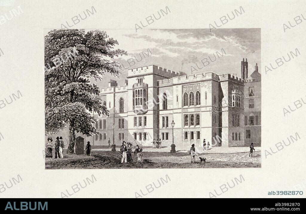 Inner Temple, London, 1829. View of Inner Temple Library, the parliamentary chambers with figures.