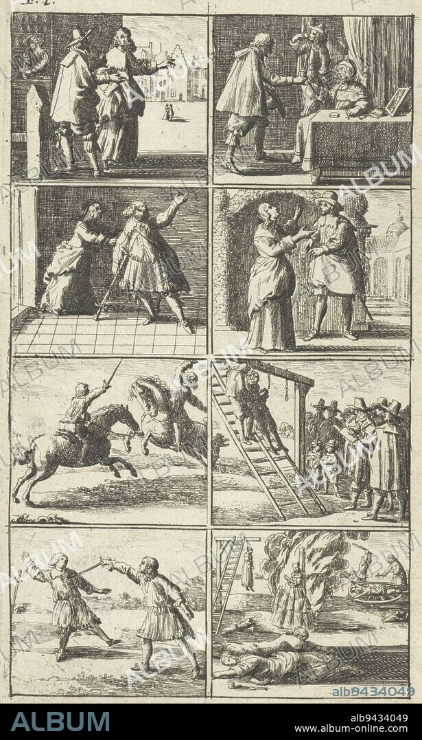 Story in eight scenes with some scenes of murder and death penalty. Among others of fighting horsemen, a man who is attached to the gallows, a man who kills someone with a sword, a woman on a pyre, a woman on a gallows and a woman who is raped. Top left: F.1., Story with scenes of murder and death penalty (F.1.), print maker: Abraham Dircksz. Santvoort, publisher: Gerrit van Goedesberg, print maker: Netherlands, publisher: Amsterdam, 1667, paper, etching, h 155 mm × w 94 mm.