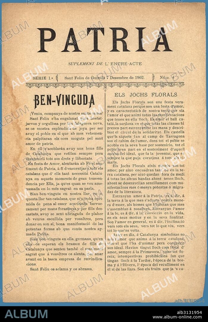 Portada del semanario Patria, editado en Sant Feliu de Guíxols, diciembre de 1902.