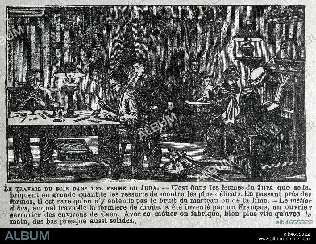 'Le travail du soir dans une ferme du Jura'. Gravure publiee dans l'ouvrage Le tour de la France par deux enfants de G. BRUNO dont la 1ere edition date de 1877, Edition Eugene Belin. Credit: Coll. Jonas/Kharbine Tapabor.