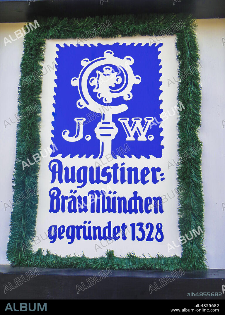Munchen, Bavaria, Germany. 2017 Oktoberfest fairground. The logo of the Munich brewery Augustiner.
