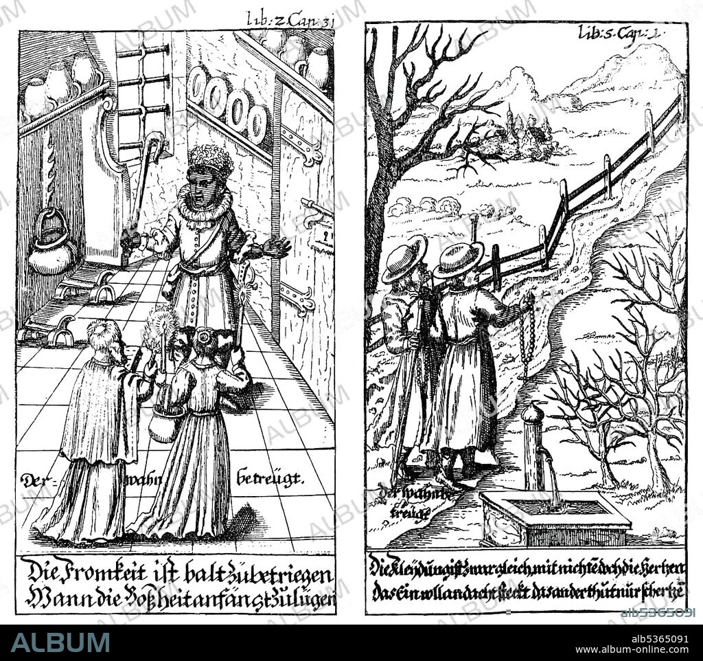 Historic print, copper engraving, 1671, Der abenteuerliche Simplicissimus Teutsch by Hans Jakob Christoffel von Grimmelshausen, 1622 - 1676, a German writer, from Bildatlas zur Geschichte der Deutschen Nationalliteratur, an illustrated atlas by Gustav Koennecke, 1887
