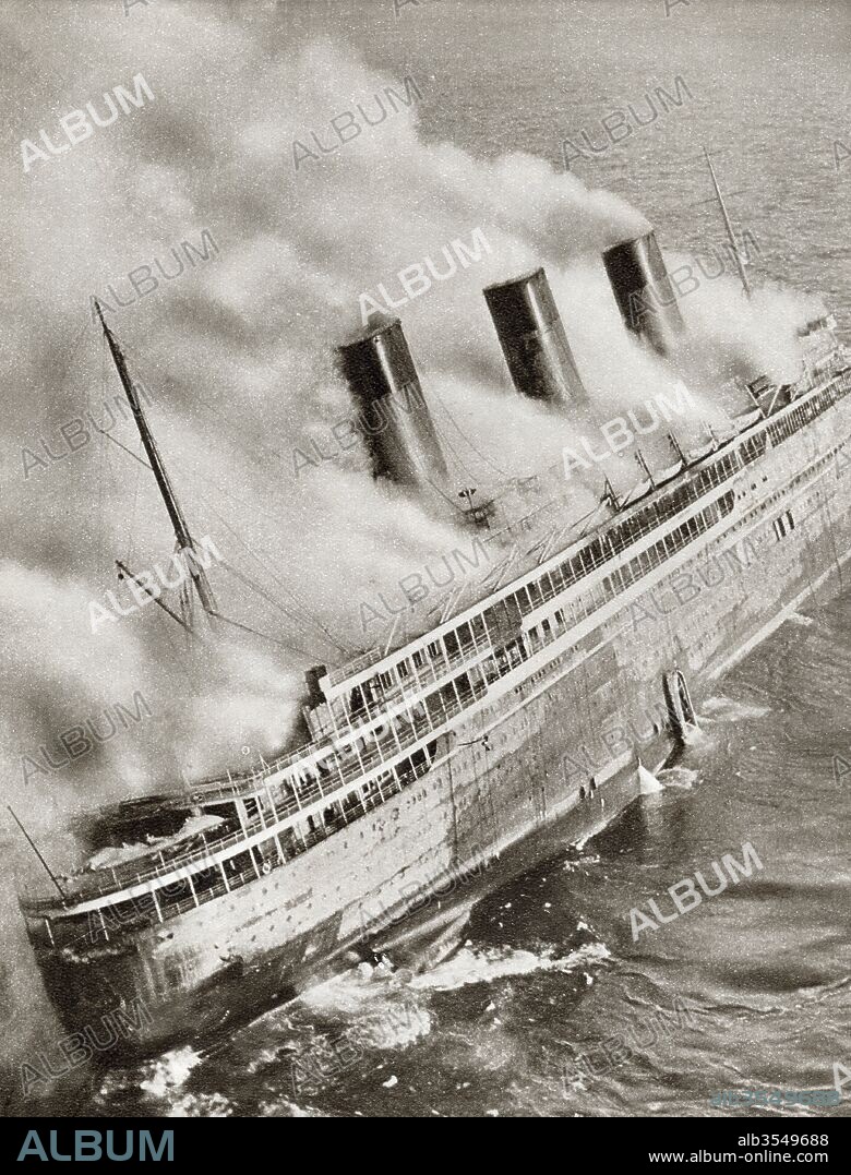 The ocean liner S.S. L'Atlantique of the French Line, on fire and adrift in 1933. From The Story of 25 Eventful Years in Pictures, published 1935.