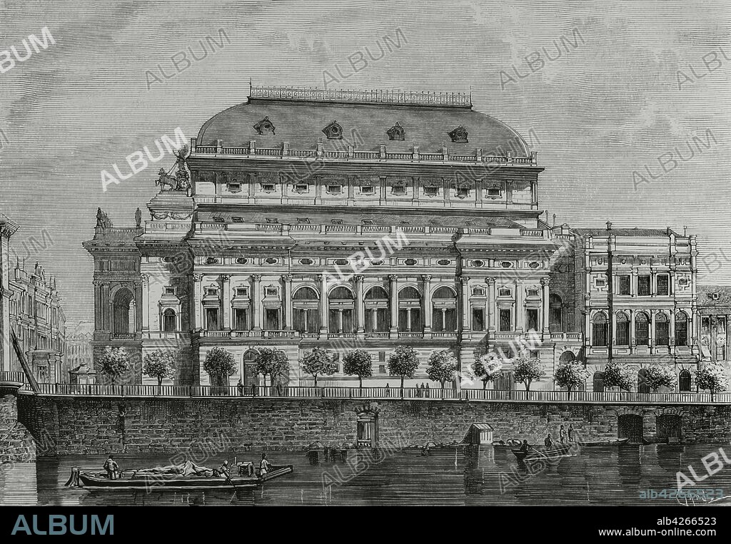Reino de Bohemia (Imperio Austrohúngaro). Praga. El nuevo"Teatro Nacional", próximo a ser inagurado. Grabado por Tomás Carlos Capuz (1834-1899). La Ilustración Española y Americana,15 de mayo de 1881.