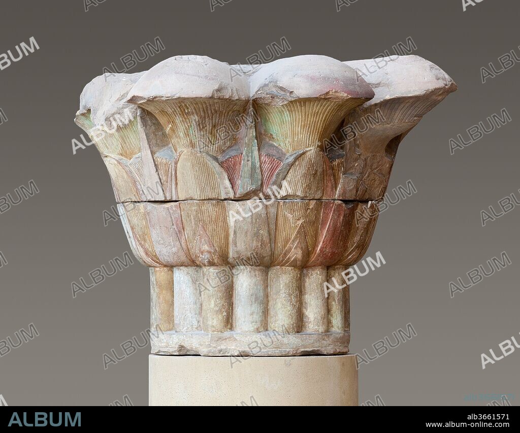Composite Papyrus Capital. Dimensions: h. 126 cm (49 5/8 in). Dynasty: Dynasty 30. Reign: reign of Nectanebo I and II. Date: 380-343 B.C..
This capital was set atop one of the ten columns of a kiosk built in front of the temple of Amun at Hibis in Kharga Oasis. It is an early example of a composite capital, which included several kinds of plants combined into a design that, with time, became increasingly more elaborate and fanciful. Here, the composition is still rather simple, consisting of two cyperus species: eight plants of the common papyrus (Cyperus papyrus, above) alternating with eight foxtail flatsedge plants (Cyperus alopecuroides, below). The capital still shows remnants of its original paint.