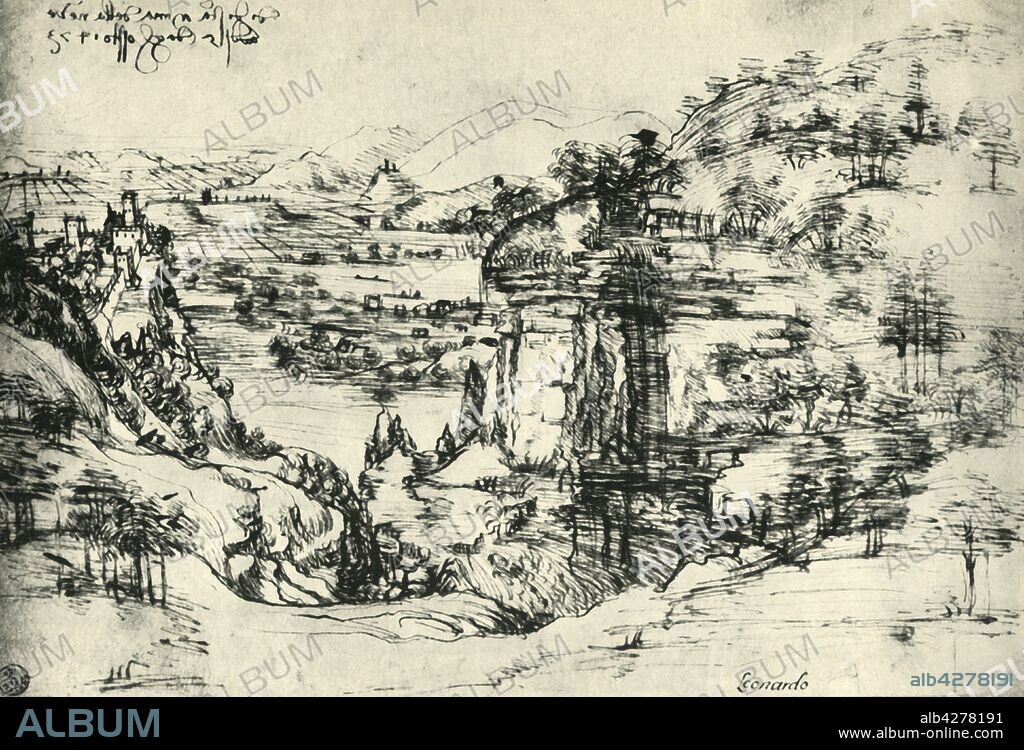 LEONARDO DA VINCI. 'Landscape drawing for Santa Maria della Neve on 5th August 1473', (1943). The Arno River Valley and Montelupo Castle in Tuscany, Leonardo's earliest-known drawing, made when he was 21 years old. Drawing in the Uffizi Gallery, Florence. From "Europäische Handzeichnungen", (Five Hundred Years of European Drawings), by Bernhard Degenhart. [Atlantis-Verlag Berlin, Zürich, 1943].