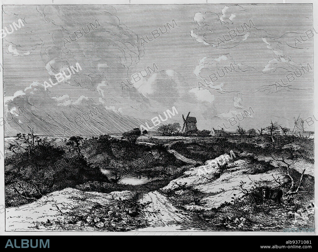 Mousehold Heath, Norwich, John Crome, British, 1768-1821, Etching on wove paper, ca. 1818-1820, Plate: 22 1/2 x 30 1/2 in., 57.2 x 77.5 cm, England, etching, landscape, windmill.