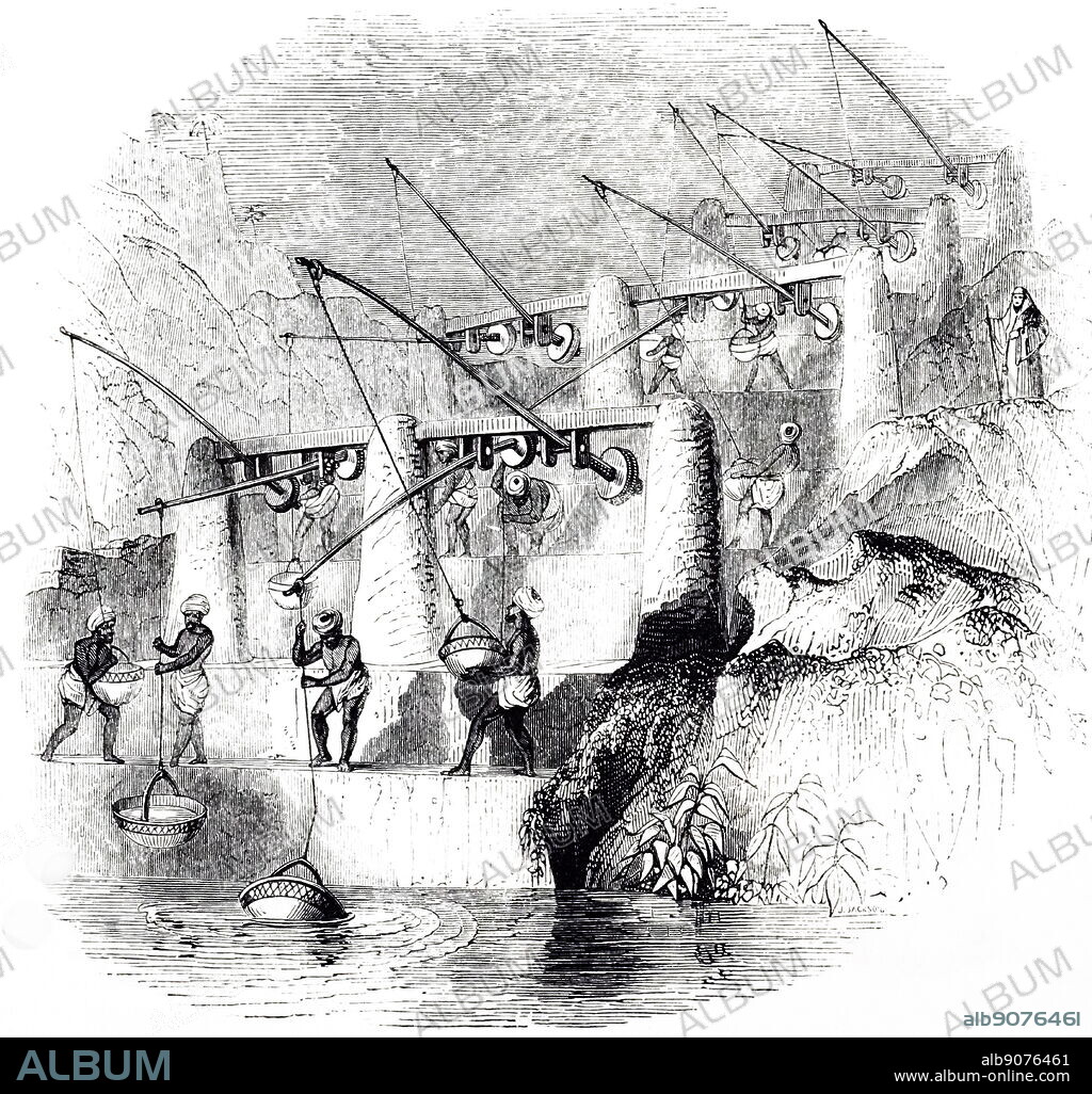 An engraving depicting a shadoof in use in Egypt. The shadoof was used for irrigation at least as early as 1500 BC. Dated 19th century.