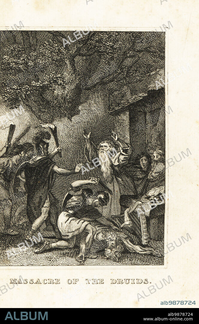 Roman centurions slaughtering Druids on the island of Mona (Anglesey), 60AD. Under General Suetonius Paulinus, the Romans massacred the Druids and Celts on the island. Massacre of the Druids Copperplate engraving from M. A. Jones History of England from Julius Caesar to George IV, G. Virtue, 26 Ivy Lane, London, 1836.