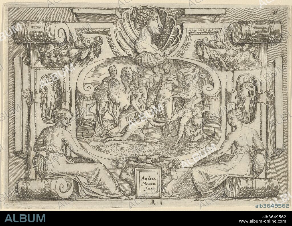 A man and woman offering a platter of coins to a king seated on a throne, set within an elaborate frame. Artist: Battista Angolo del Moro (Italian, Verona ca. 1515-ca. 1573 Murano); Formerly attributed to Andrea Schiavone (Andrea Meldola) (Italian, Zadar (Zara) ca. 1510?-1563 Venice); After Jacques Androuet Du Cerceau (French, Paris 1510/12-1585 Annecy). Dimensions: Sheet (Trimmed): 5 1/16 × 7 1/16 in. (12.8 × 18 cm). Date: ca. 1540-80.